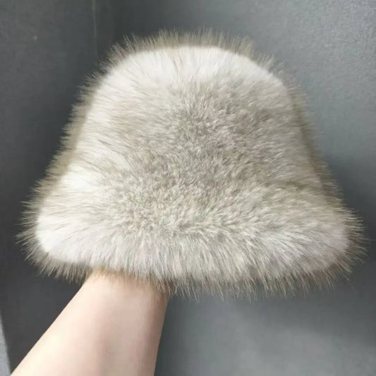 1Pc Ladies' Winter Thick and Warm Imitation Fox Fur Dome Fisherman Hat, Plush Ear Protection, Looks Small on The Face