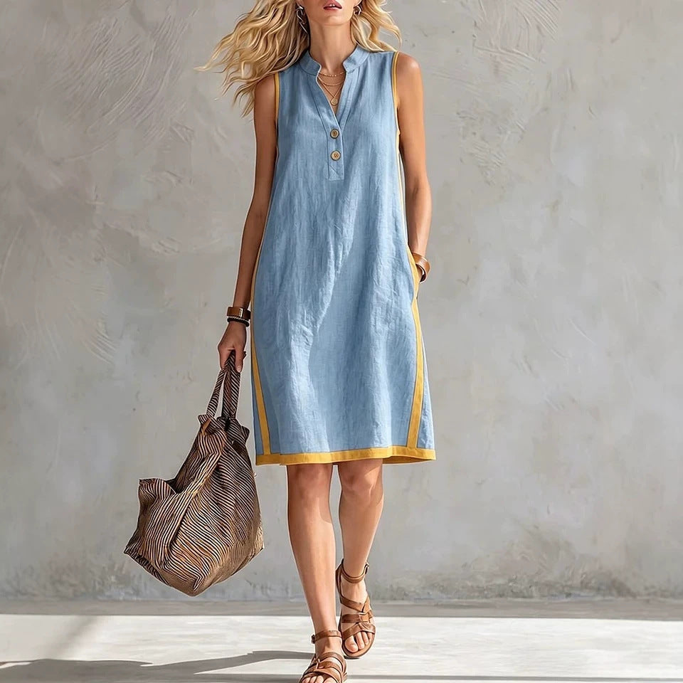 Sleeveless V-neck Pocketed Button Casual Dress