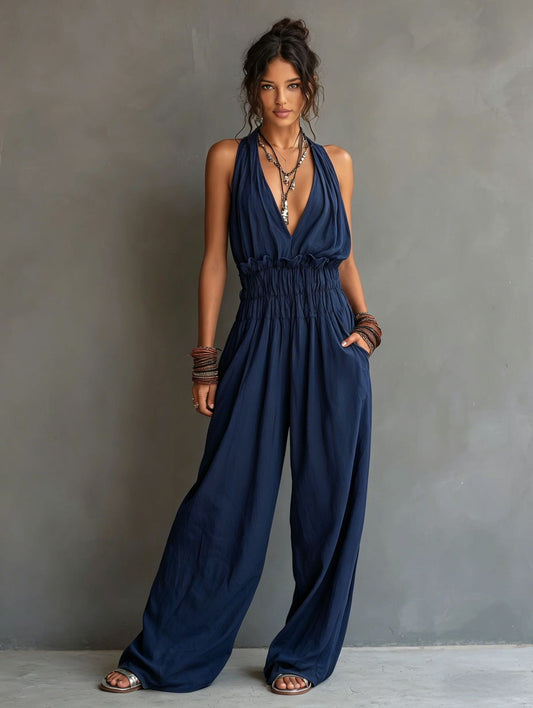 Strap-style V-neck Sleeveless Waist-cinching One-piece Suit
