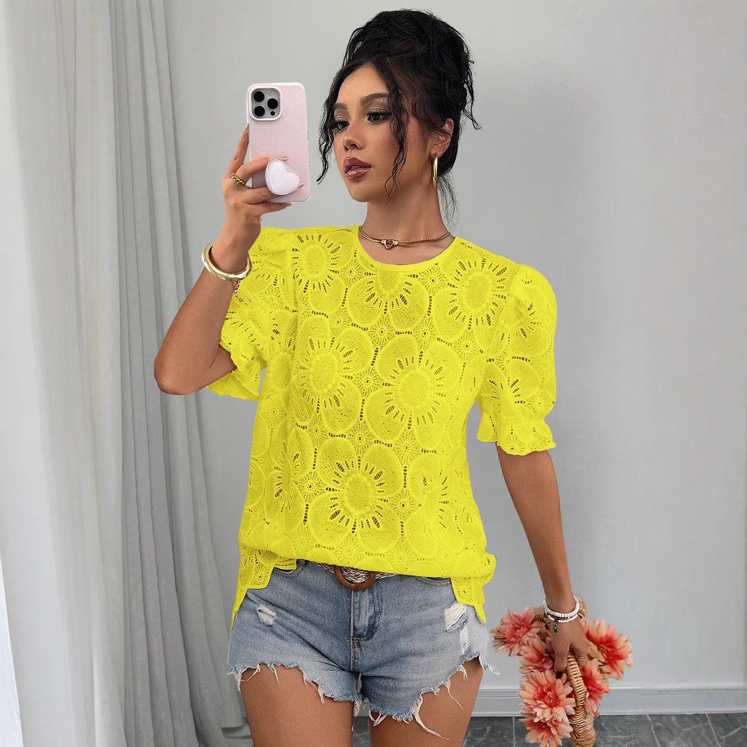 Casual Hollow-Out Lace Puff-Sleeve Shirt Top