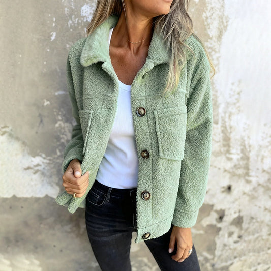Plus Size Women's Solid Color Sherpa Jacket, Long Sleeve Lapel Single Breasted Fleece Coat With Pockets For Autumn Winter CJ US