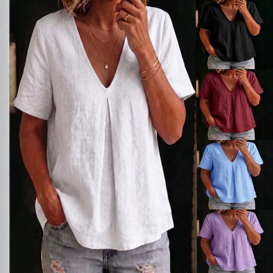 Women's Solid-Color Pleated Cotton-Linen Short-Sleeve Shirt T-Shirt