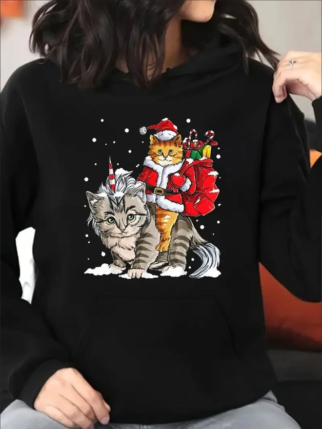 Women Plus Size Hoodie Christmas Cat Riding Big Cat Print Sweatshirt Long Sleeve Hoodie Drawstring CJ US