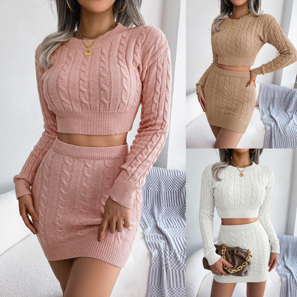 Casual Twisted Knit Crop Sweater And Bodycon Skirt Set CJ US
