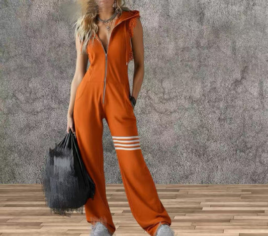 New Style Sporty Retro Lace Striped Sleeveless Hooded Jumpsuit