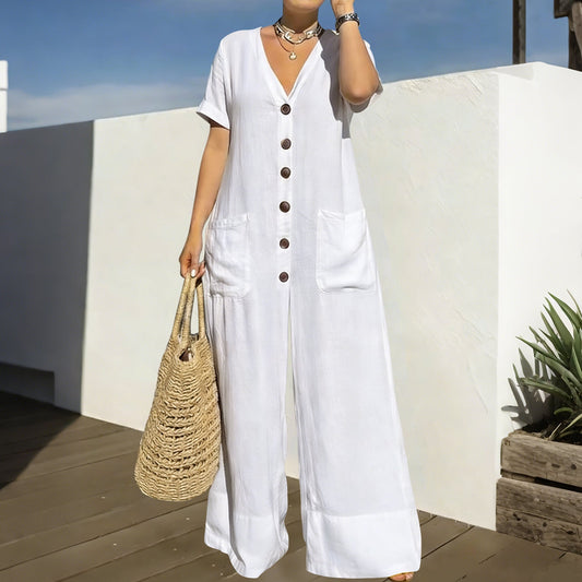 Women's Casual Loose V-Neck Button Jumpsuit