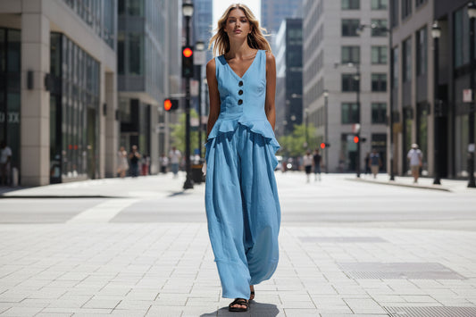 Sleeveless V-neck Ruffled Tank Top Draping Wide-leg Pants Two-piece Set