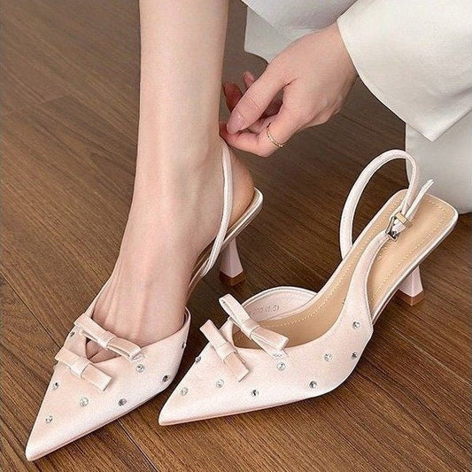 2026 Spring-Summer New Closed Toe Slingback Heeled Sandals For Women, Stiletto Heel With Bowknot, Rhinestone Fashion High Heels, European & American Style