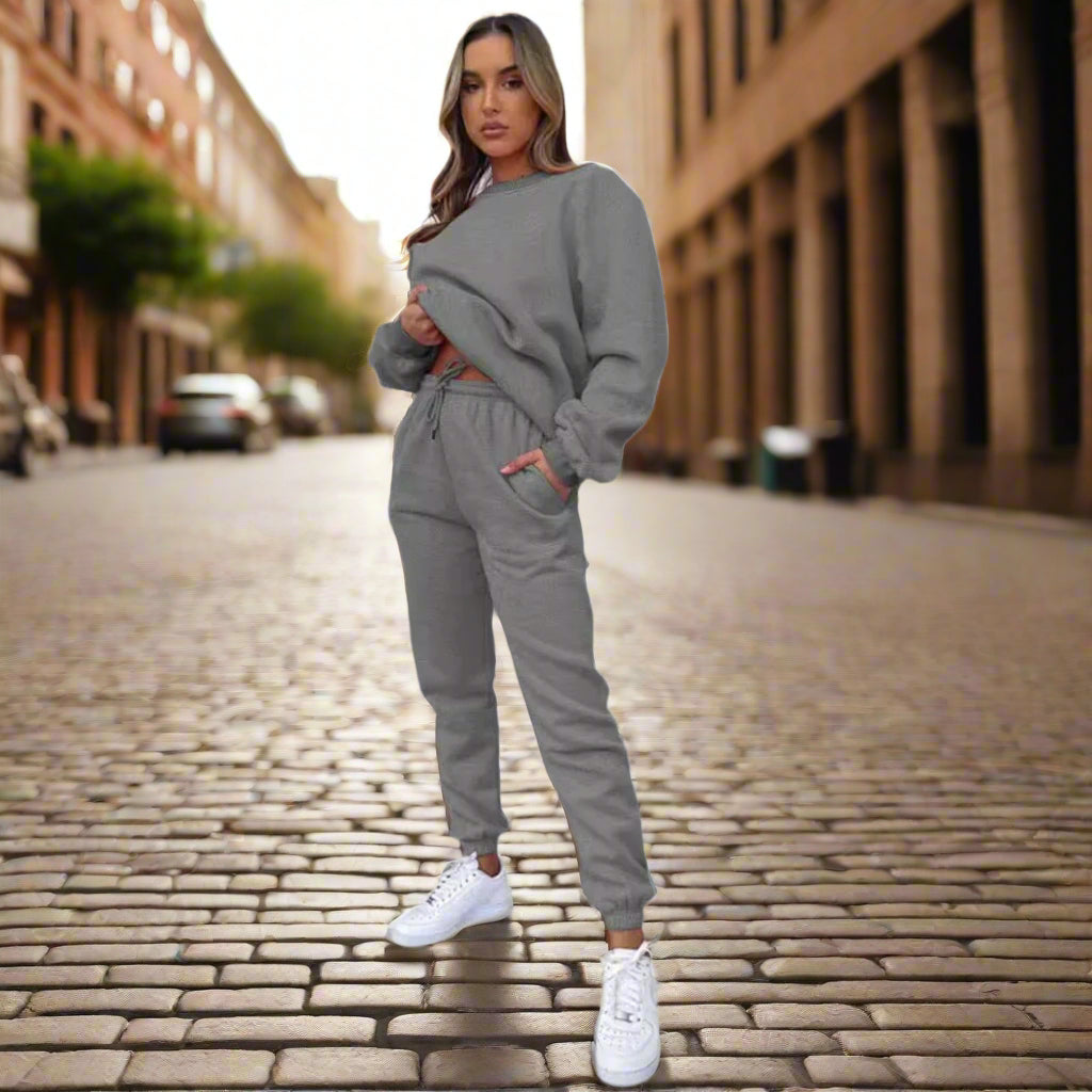 👚 Women's Solid Color Round Neck Pullover Sweatshirt & Pants Set FitiqueFit