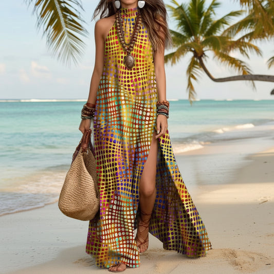 Loose-fit Printed Halterneck Split Dress