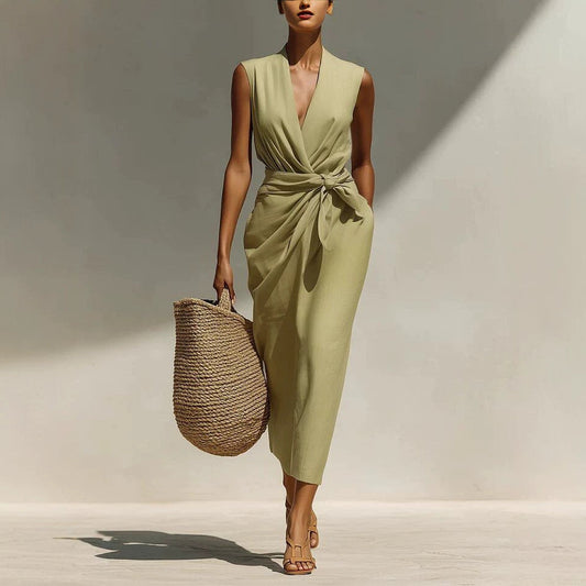 Solid-color Sleeveless Cotton-linen Feel Midi Dress