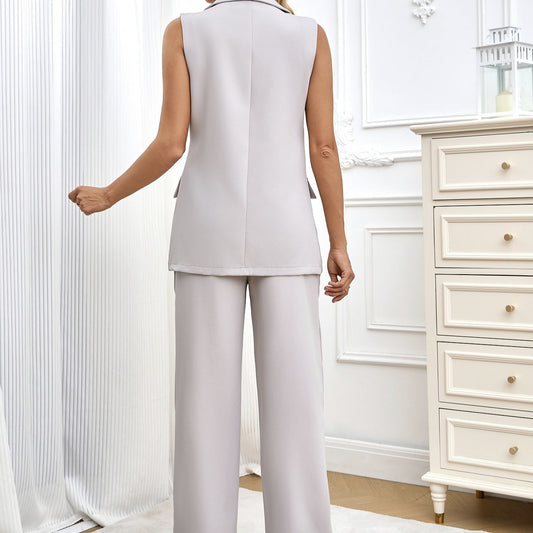 Women’s Sleeveless Wide Leg Pants Set – Solid Color, Elegant Two-Piece Outfit CJ