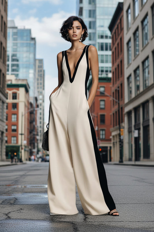 Sleeveless Womens V-Neck Contrasting Color Wide-Leg Jumpsuit