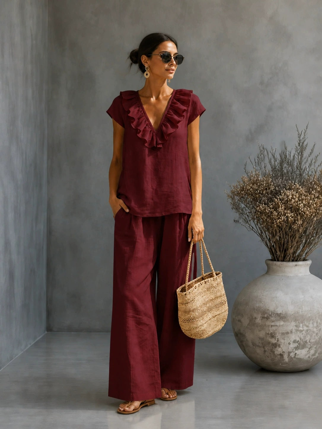 Women's V-neck Ruffled Hem Wide-leg Pants Set