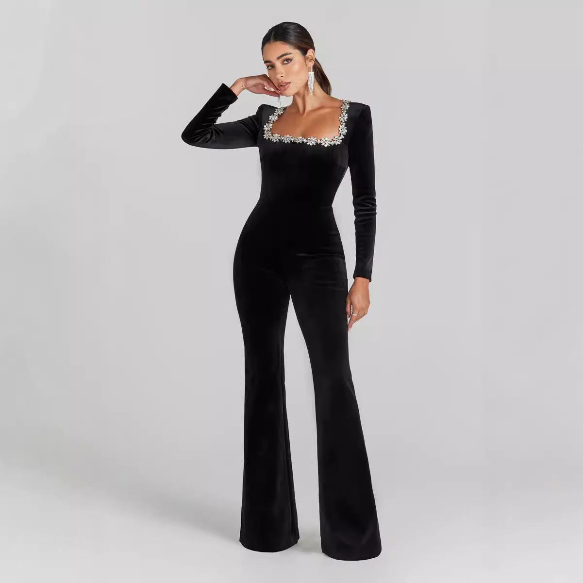 Women’s Diamond-Encrusted Square-Collar Flared Jumpsuit CJ