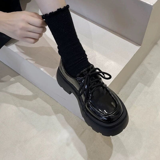 New Years Womens British-Style Chunky Sole Leather Shoes