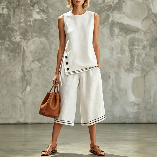Sleeveless Side-split Tank Top Paired With Wide-leg Cropped Pants Womens Two-piece Set