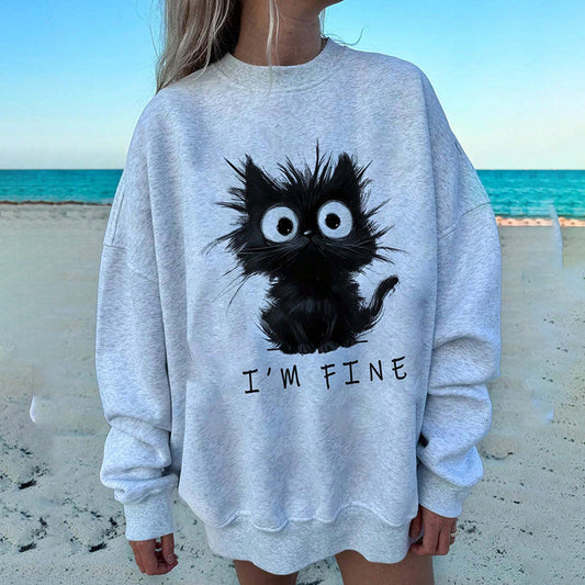 Women's Cute Kitten Graphic Sweatshirt, Fluffy Cat Letter Print Hoodie, Long Sleeve Crewneck Pullover Top CJ US