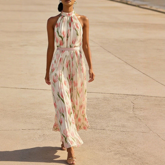 Womens Swing-Style Halterneck Printed Dress
