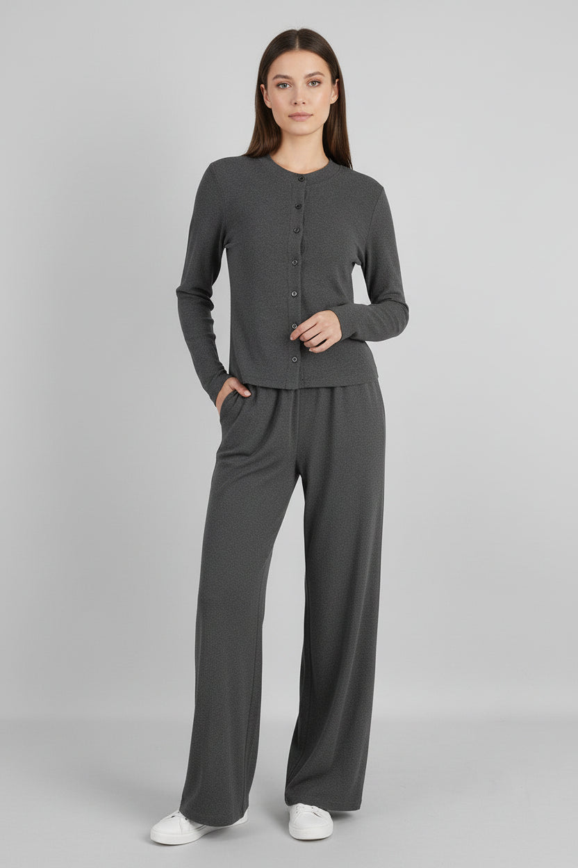 Half-high-neck Rib-knit Long-sleeve Cardigan And Button-front Trousers Set