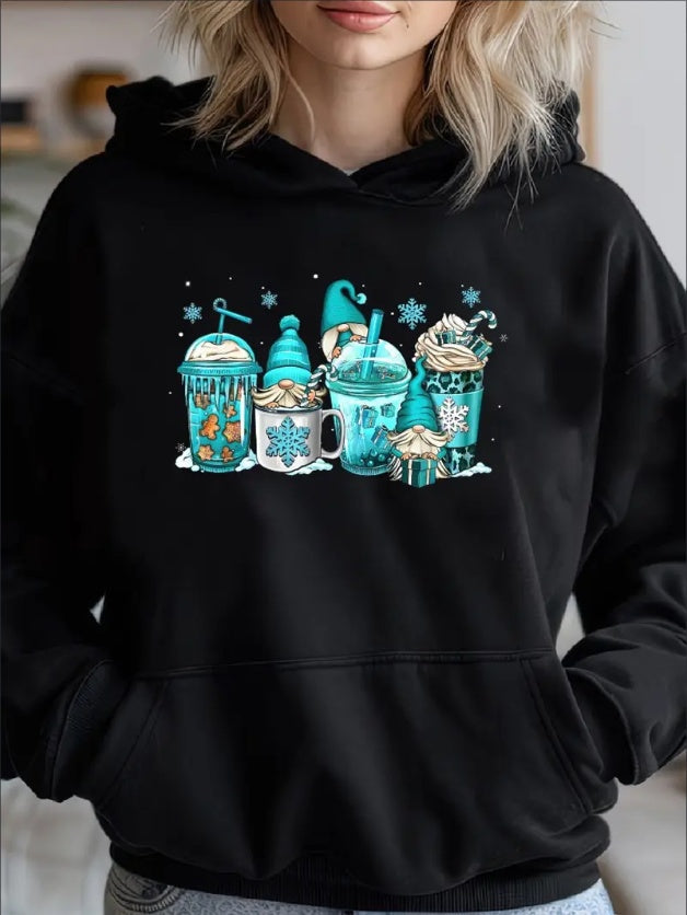 Gnomes Christmas Coffee Cups Latte Drink Outfit Christmas Cozy Classic Print Pullover Hoodie, Casual Long Sleeve Hoodie For Sprots CJ US
