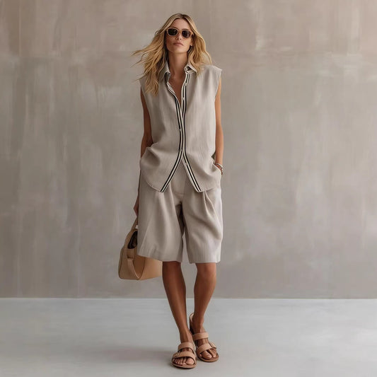 Single-breasted Sleeveless Linen Shirt And Shorts Set