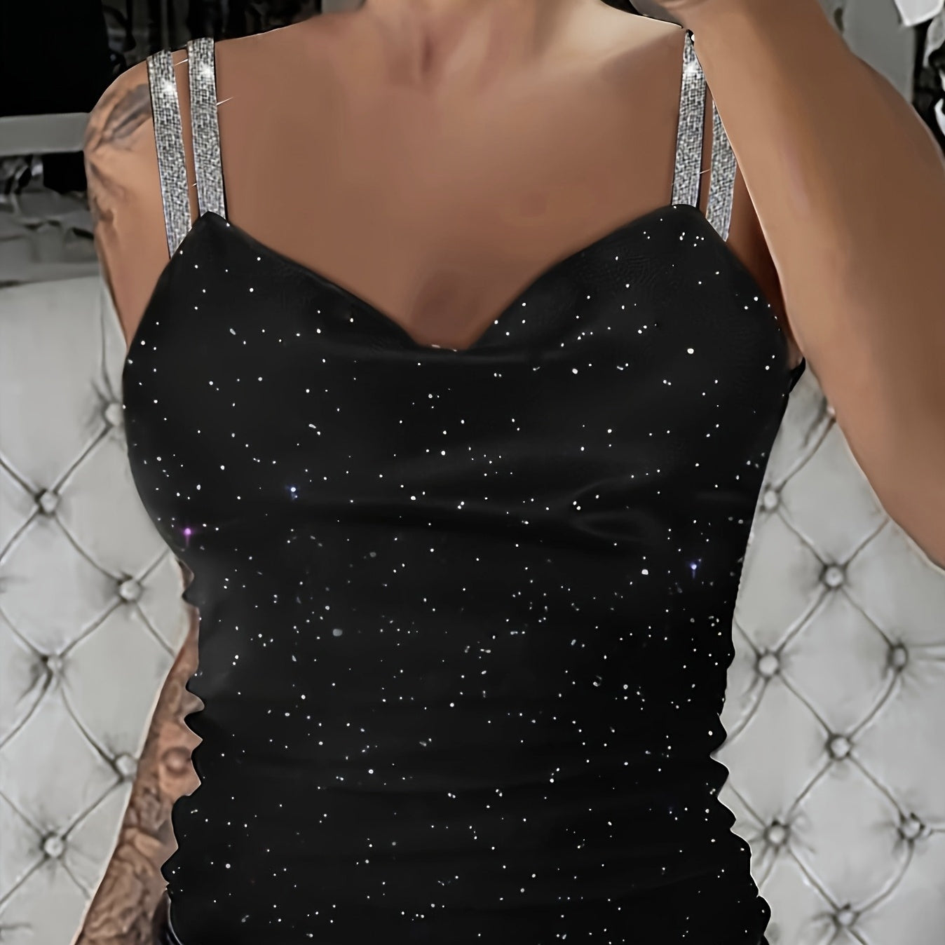 Sequin V-Neck Camisole – Rhinestone Strap Sparkly Top CJ US