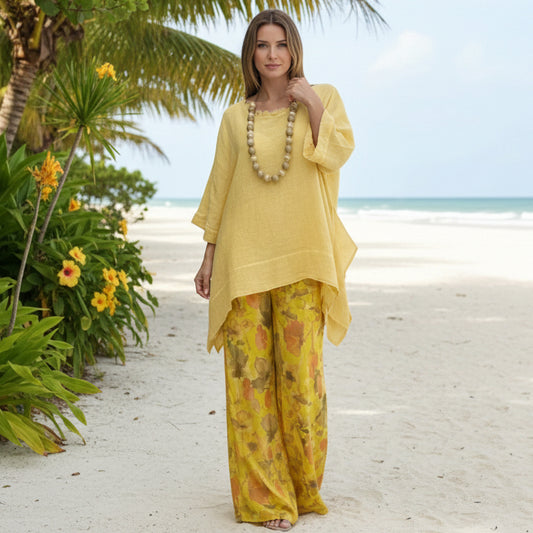 Womens Casual Cotton-Linen Irregular Top And Wide-Leg Pants Set