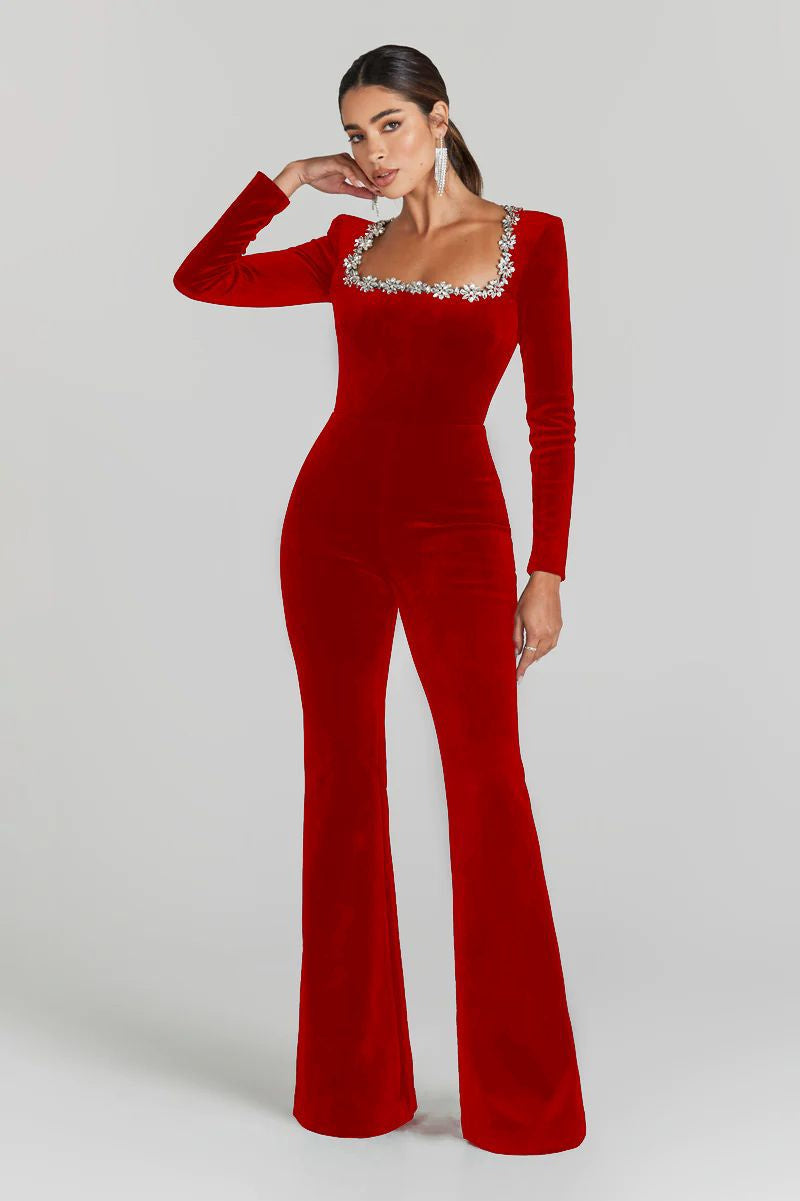 Women’s Diamond-Encrusted Square-Collar Flared Jumpsuit CJ