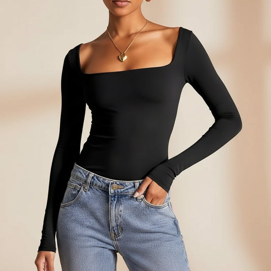 Square Neck Milk Silk Pullover Long Sleeves