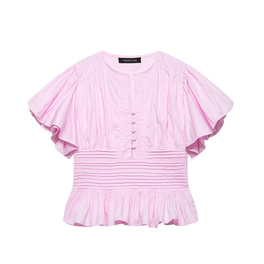 Ruffle-trimmed Puff-sleeve Blouse Top