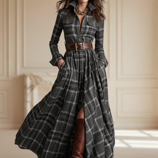 Ins Plaid Print Long-Sleeved Dress Fashion Pockets Collared Buttons Shirt Long Dresses Retro Women's Clothing