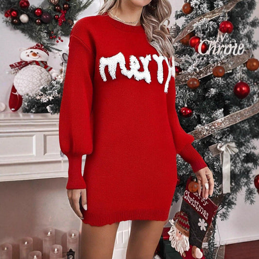 Women's Knitted Round Neck Lantern Sleeve Pullover Sheath Dress CJ