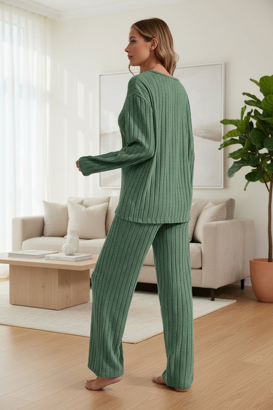 Ribbed Long-Sleeve Top And Pants Casual Comfortable Womens Loungewear Set