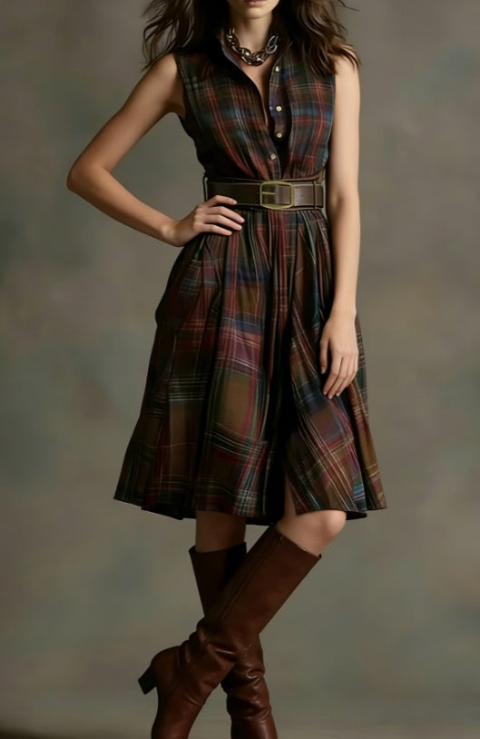 Plaid Collared Sleeveless Fitted Waist Dress