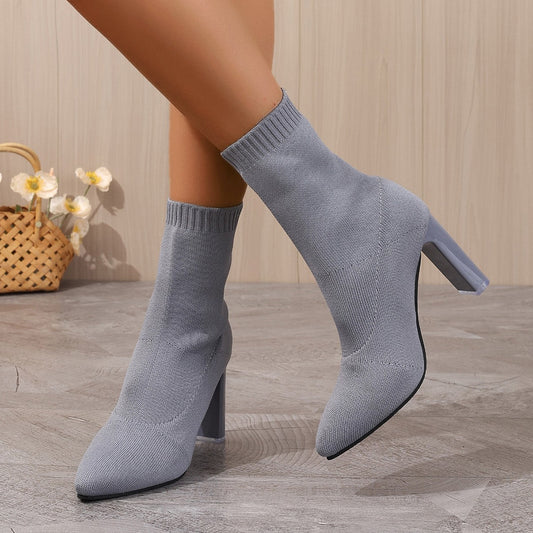 New Winter Fashion Minimalist Chunky-heeled Knitted Suede Ankle Boots With Pointed Toes For Women