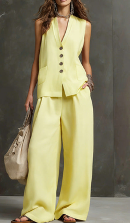 Women's Linen 2-Piece Outfit, Sleeveless Vest & Wide Leg Pants Set