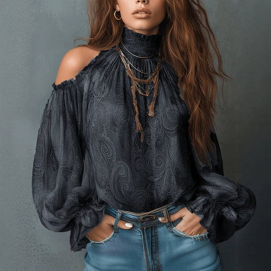 Retro Cashew-print High-neck Off-shoulder Chiffon Blouse