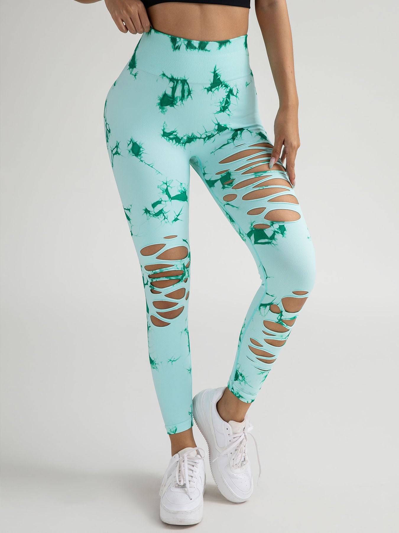 New Style Women's High-Waisted Yoga Leggings With Hollow-Out & Tie-Dye Design CJ US