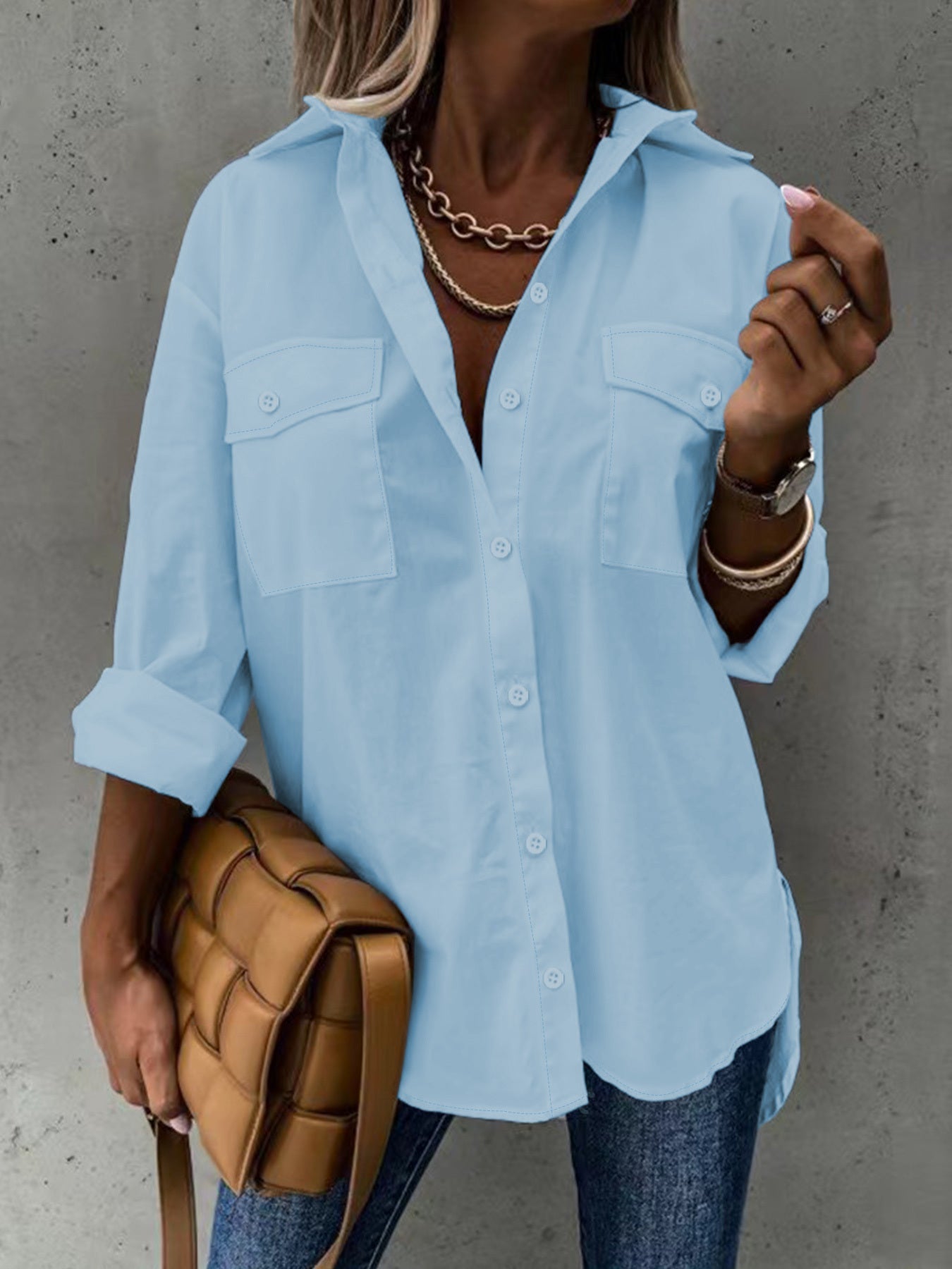 Women’s Casual Long Sleeve Shirt with Pocket CJ US