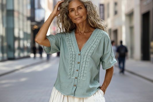 Loose-fit Faux Linen Embroidered Button-up Top