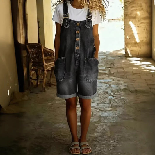 Loose Slimming High-waisted Denim Shorts Jumpsuit