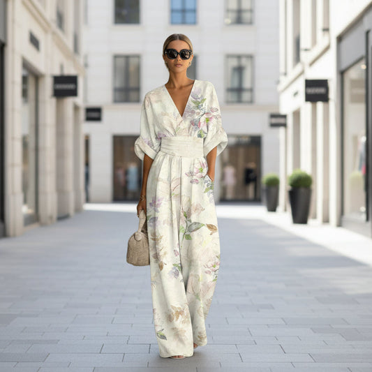 Waist-cinched V-neck Printed Womens Jumpsuit