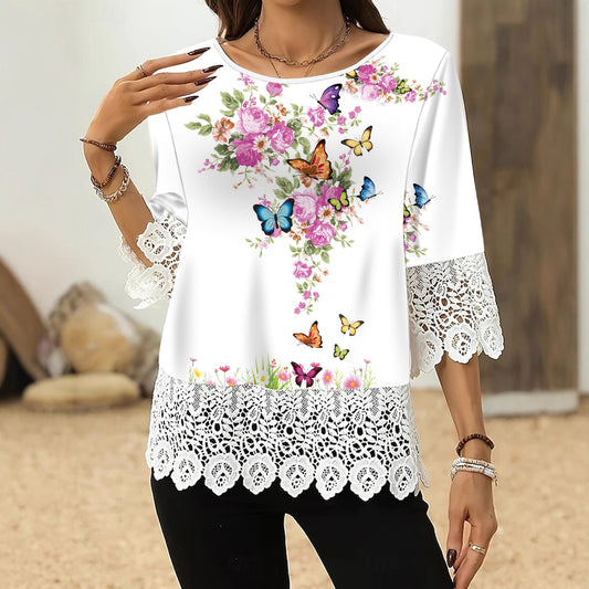 Lace-printed Three-quarter-sleeve T-shirt Top For Women