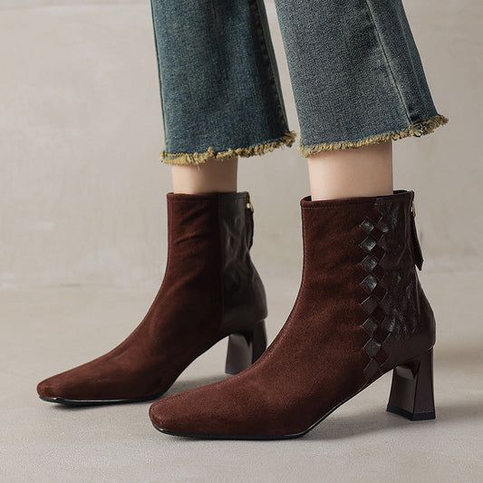 Womens Korean-style Square-toe Leather Chunky-heel Patchwork Ankle Boots