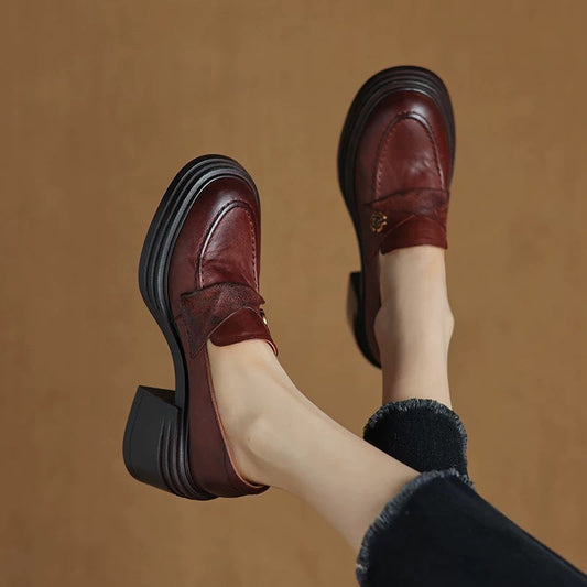 Vintage Womens Chunky-heeled Leather Shoes