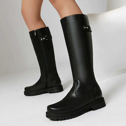 Womens Retro British-Style Leather Belt-Buckle Riding Boots