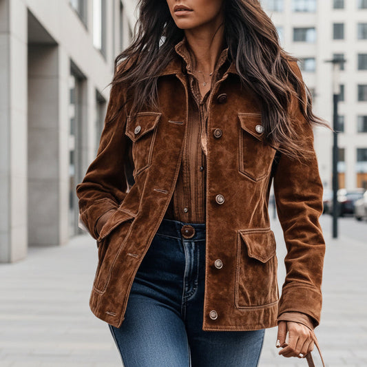 Women's Retro Suede Multi-Pocket Lapel Shirt Brown Short Jacket