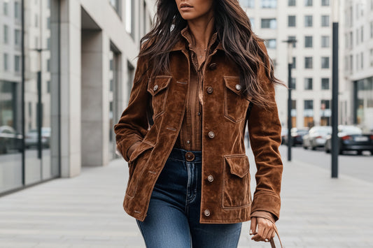 Women's Retro Suede Multi-Pocket Lapel Shirt Brown Short Jacket