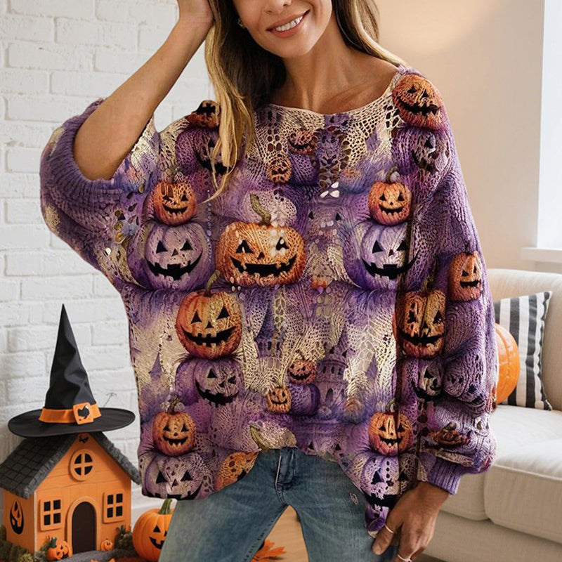 Women's Diamond Hollow Out Batwing Sleeve Top - Loose Fit Pumpkin Halloween Print Blouse For Spring Summer CJ US